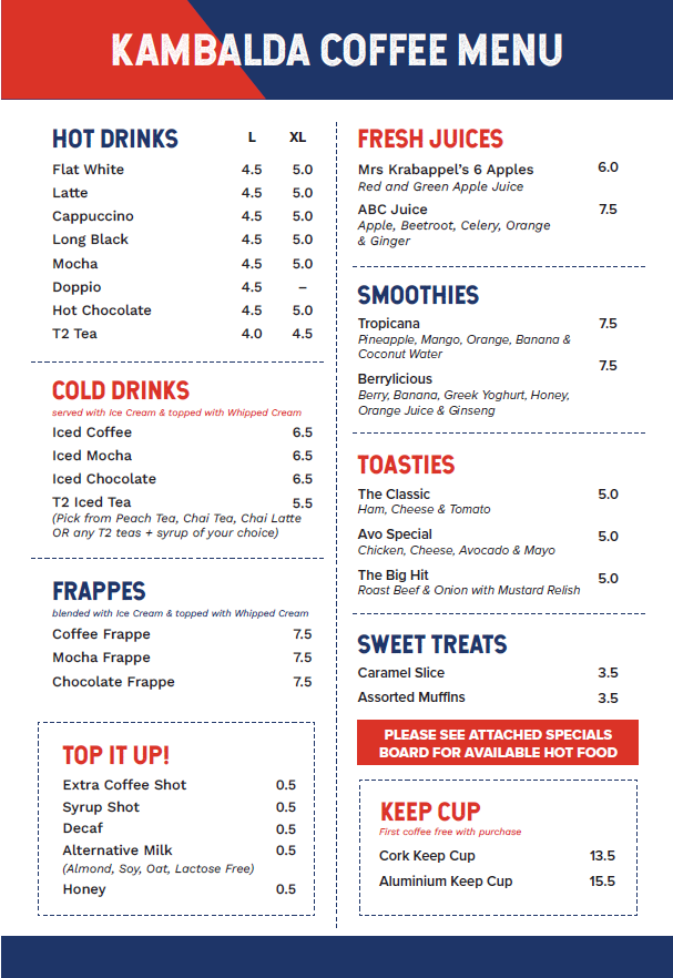 Menu, Kambalda Coffee