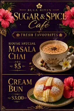 Menu, Bula Bites SUGAR & SPICE Cafè