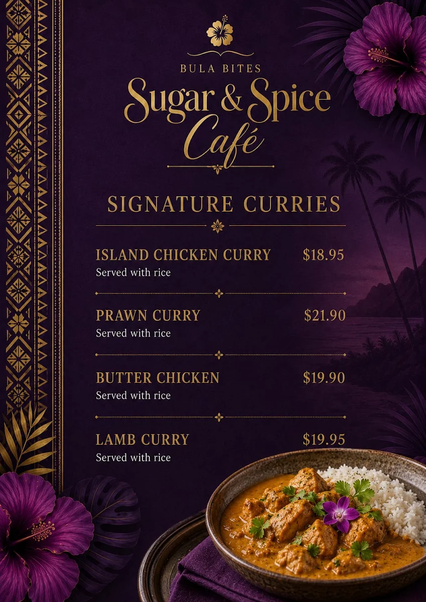 Menu, Bula Bites SUGAR & SPICE Cafè