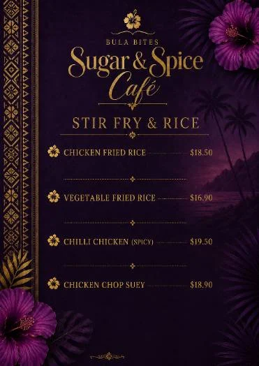 Menu, Bula Bites SUGAR & SPICE Cafè