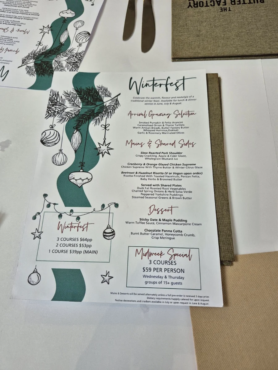 Menu, The Butter Factory Restaurant