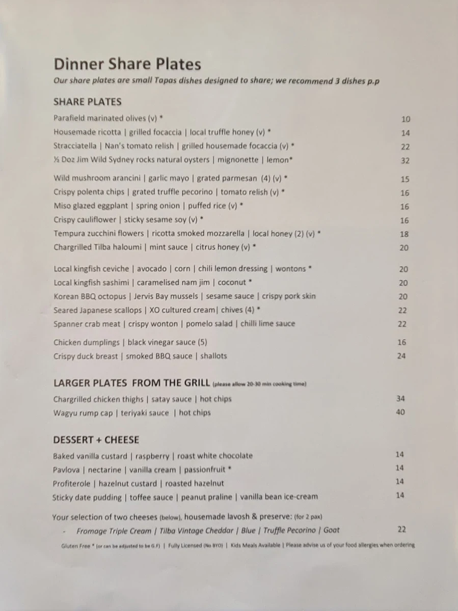 Menu, The Butter Factory Restaurant