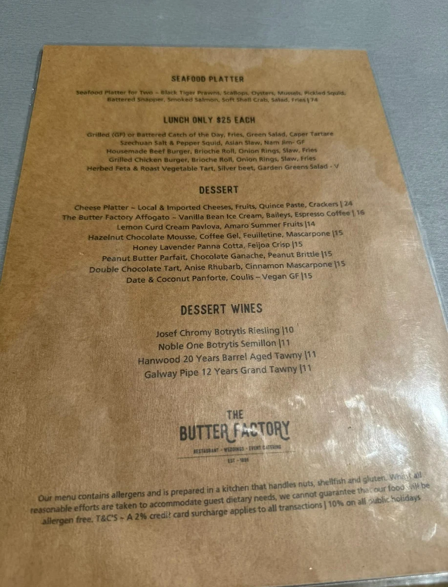 Menu, The Butter Factory Restaurant