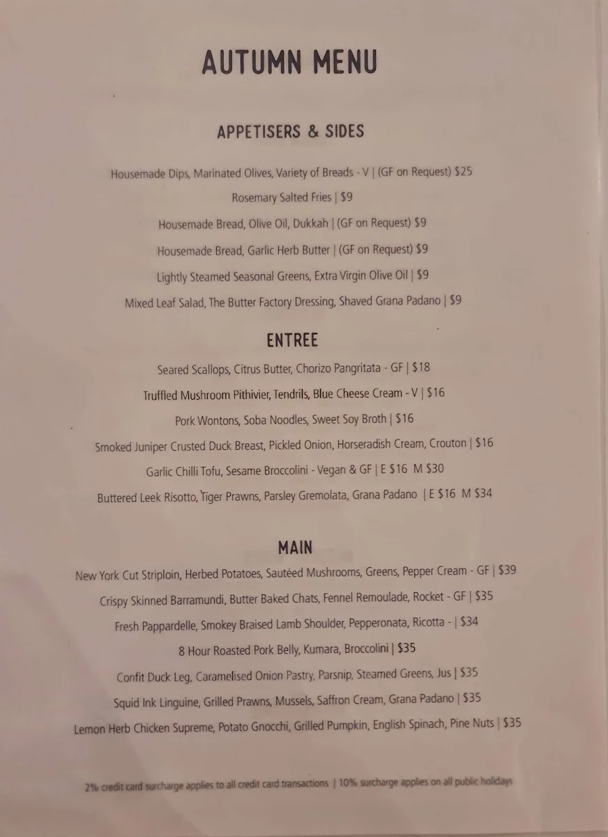 Menu, The Butter Factory Restaurant