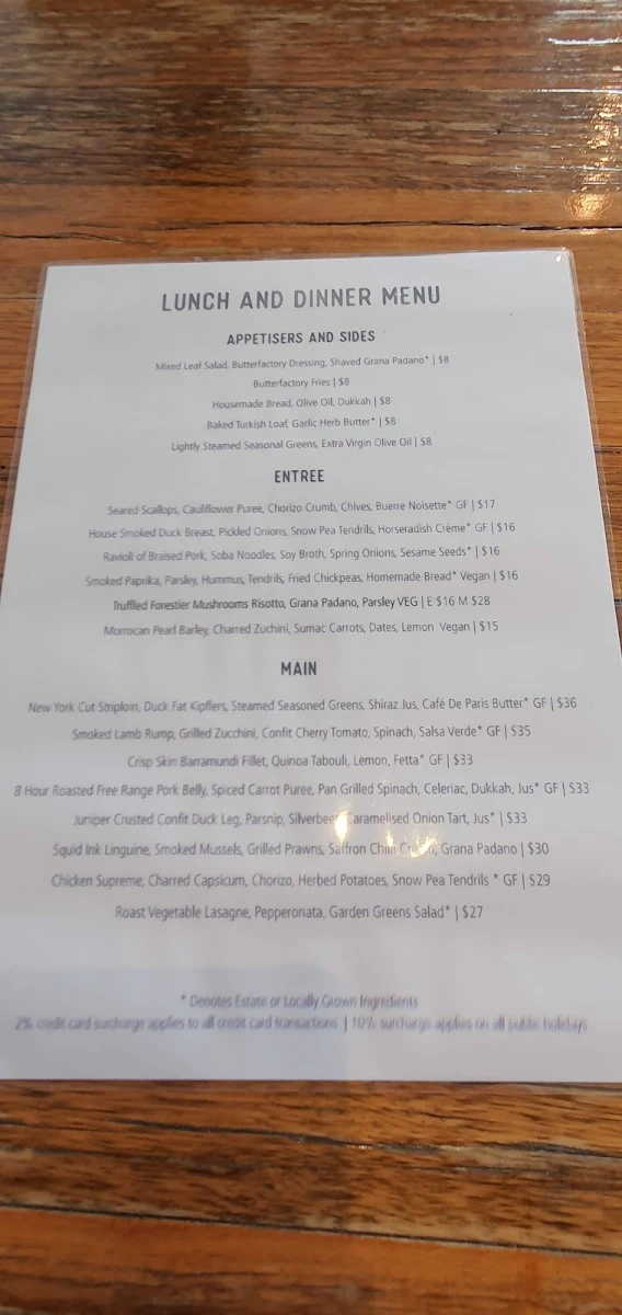 Menu, The Butter Factory Restaurant