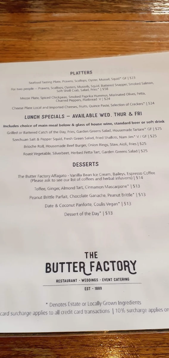 Menu, The Butter Factory Restaurant