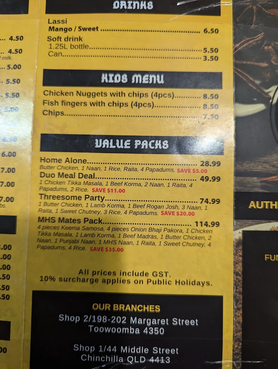 Menu, Masala Hut