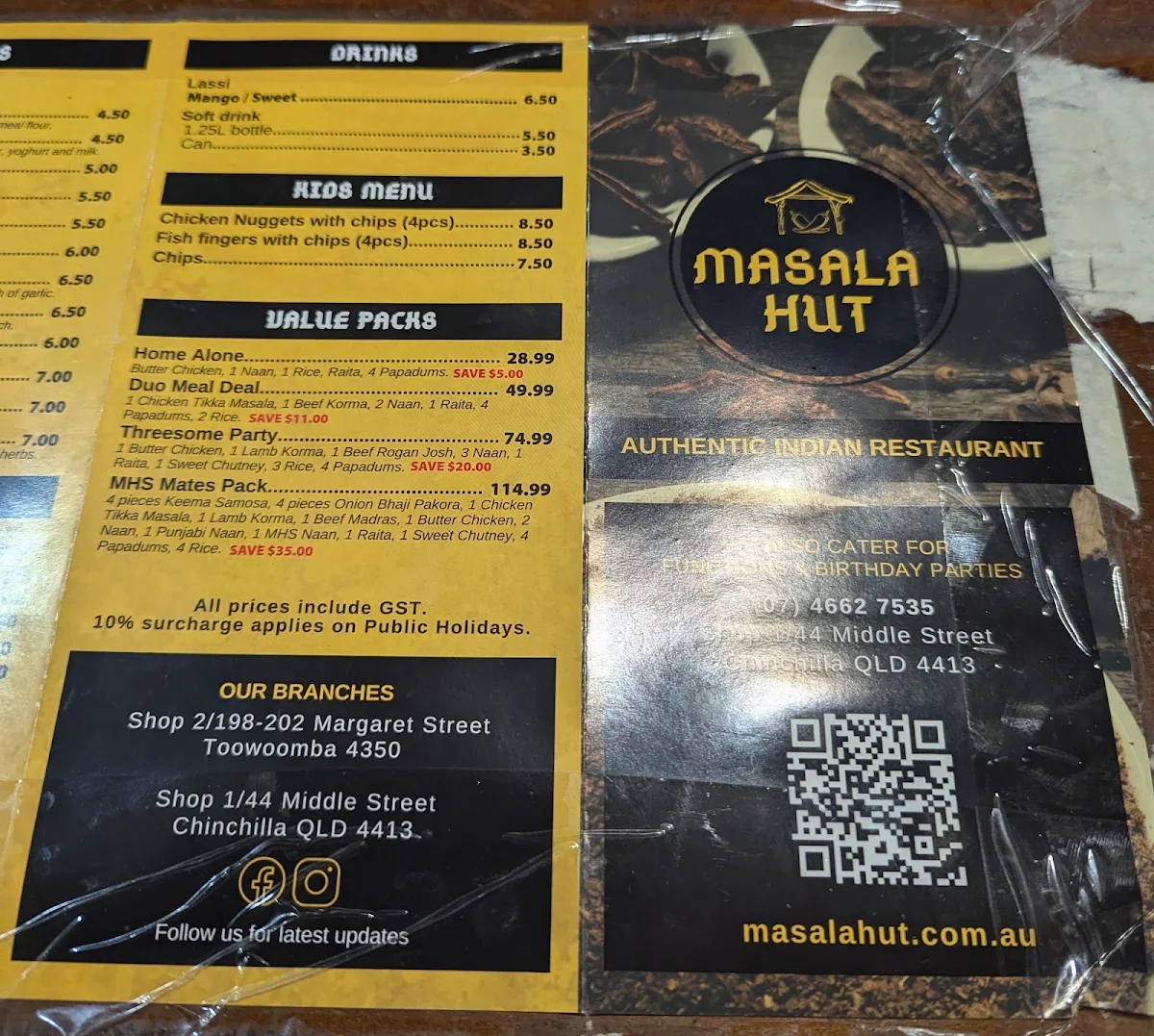 Menu, Masala Hut