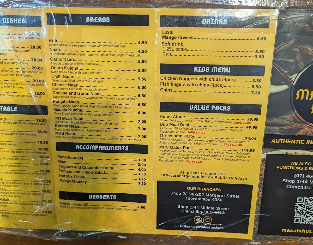 Menu, Masala Hut