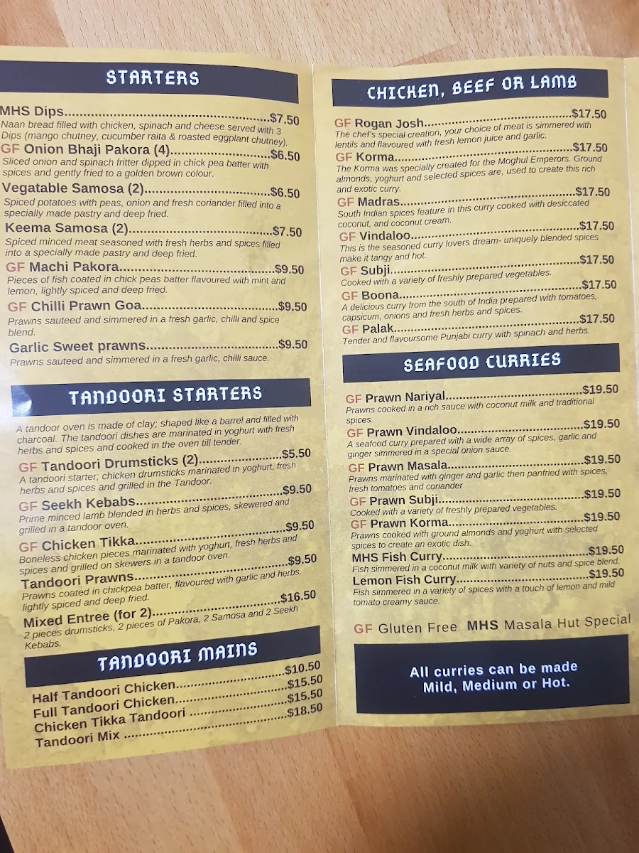 Menu, Masala Hut