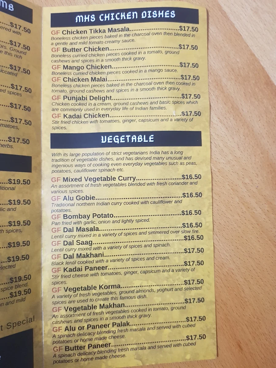 Menu, Masala Hut