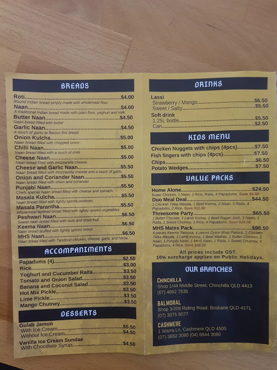 Menu, Masala Hut