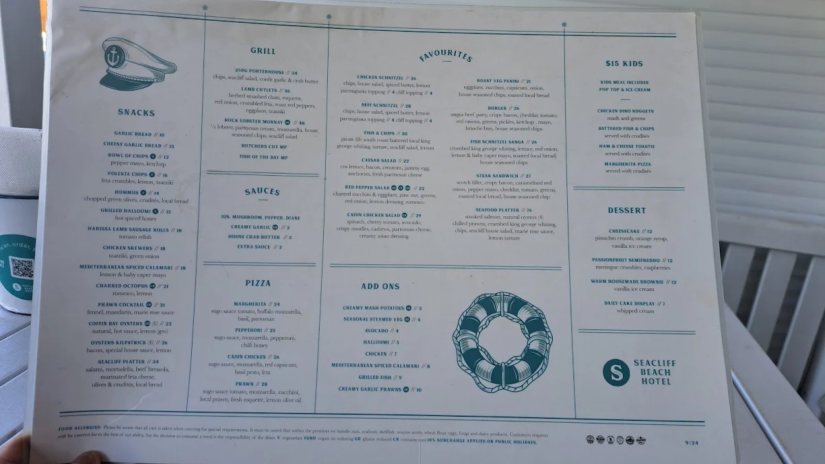 Menu, Seacliff Beach Hotel