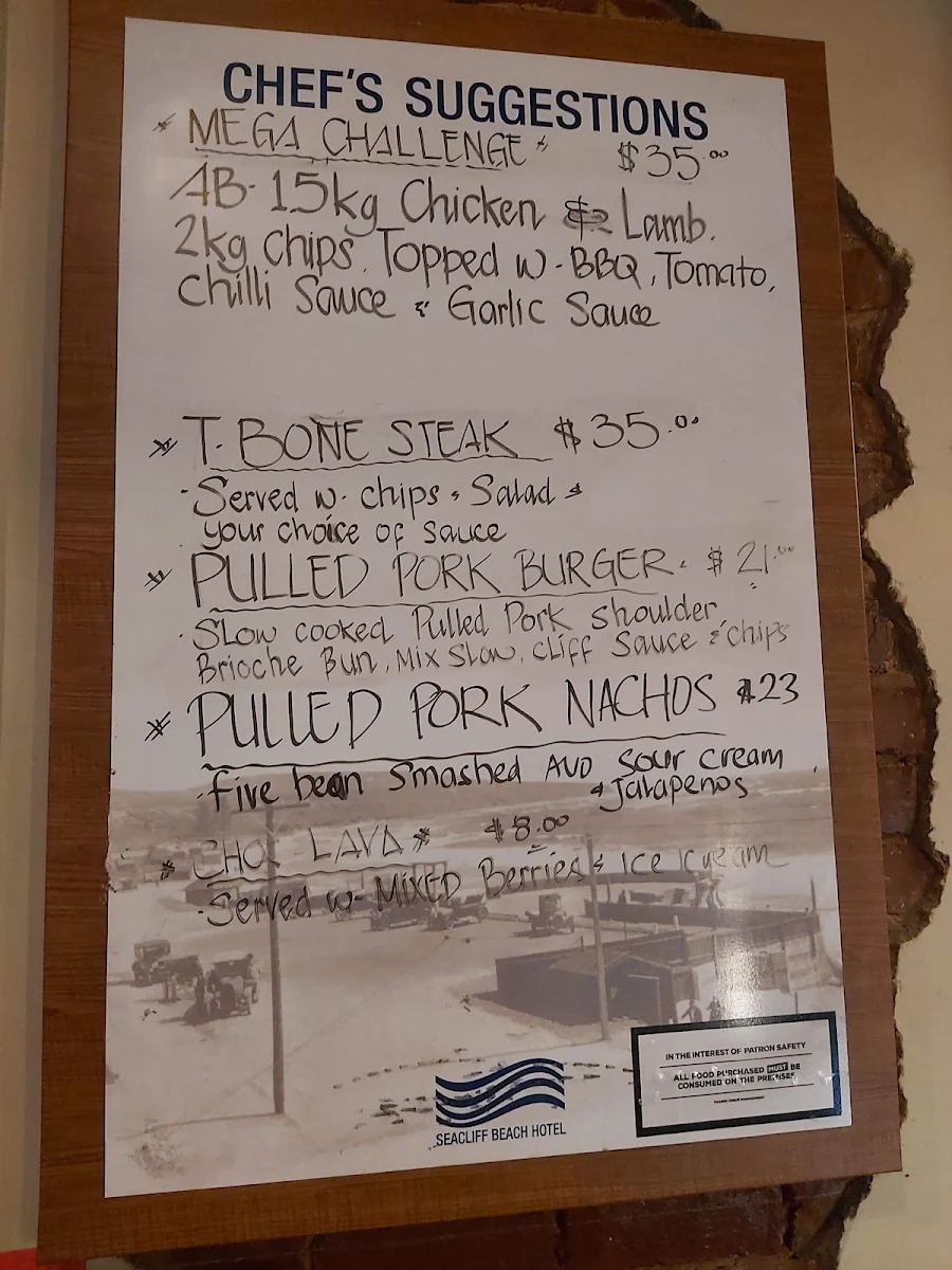 Menu, Seacliff Beach Hotel