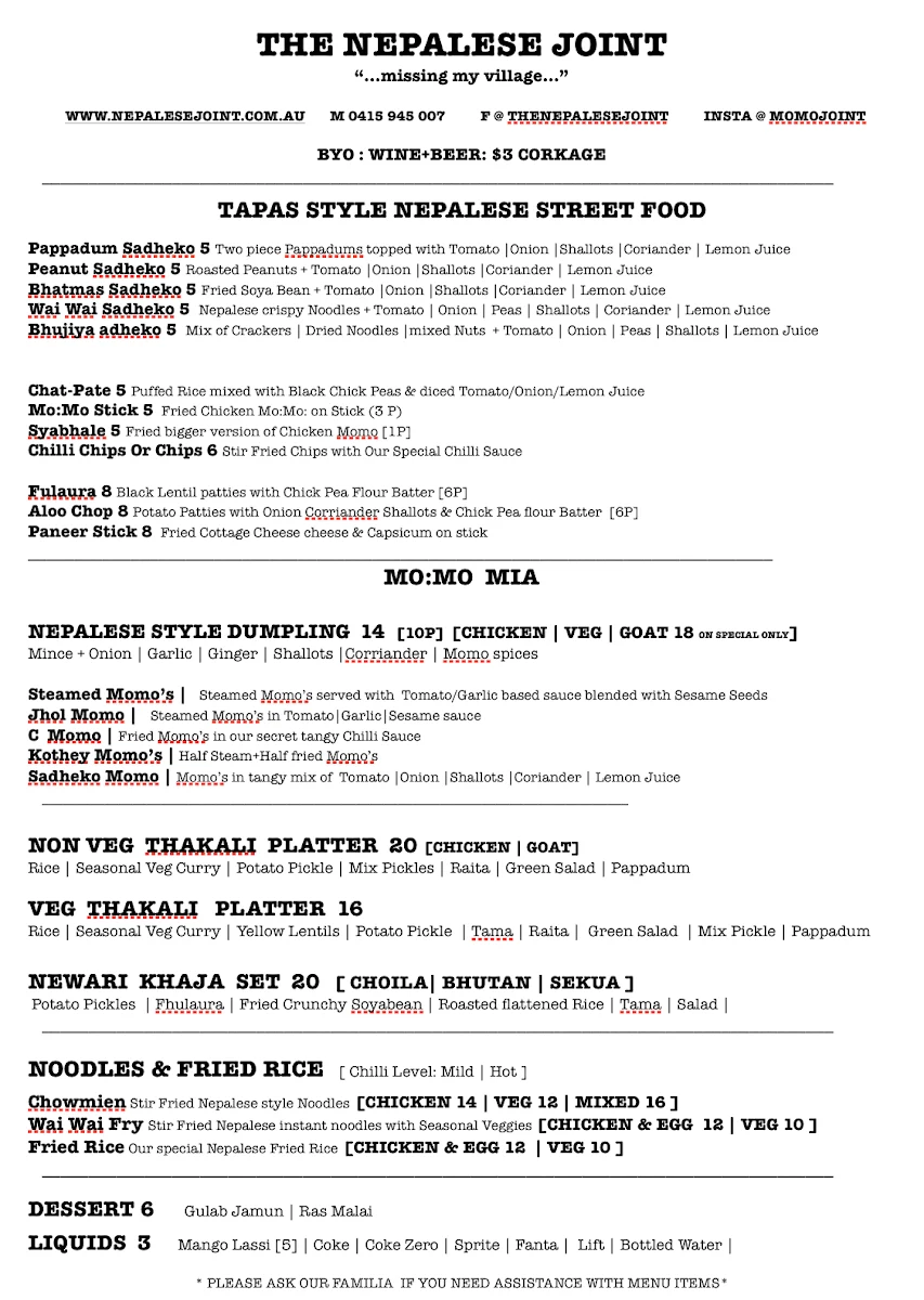 Menu, THE NEPALESE JOINT