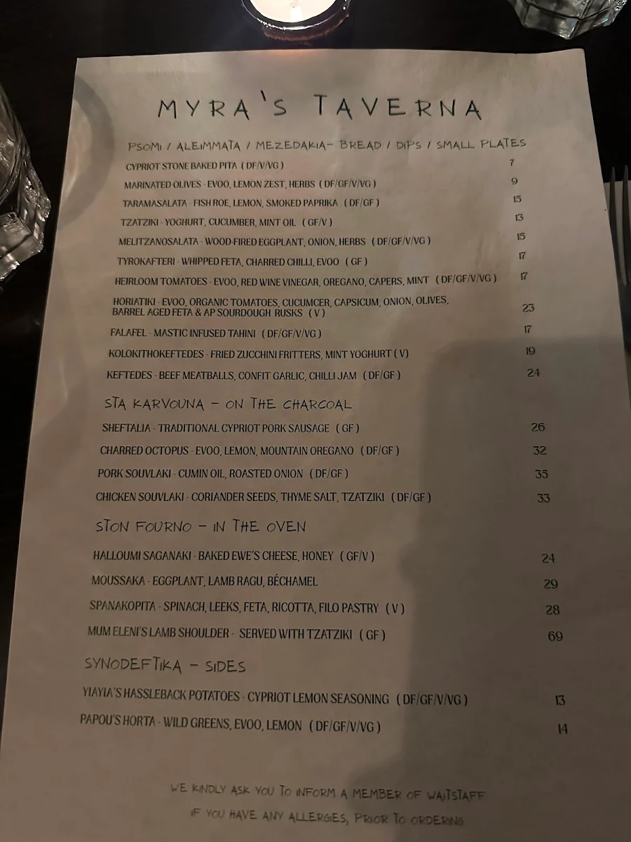 Menu, Myra's Taverna