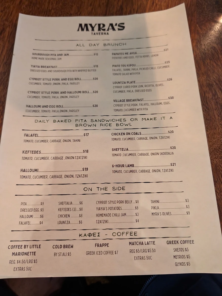 Menu, Myra's Taverna