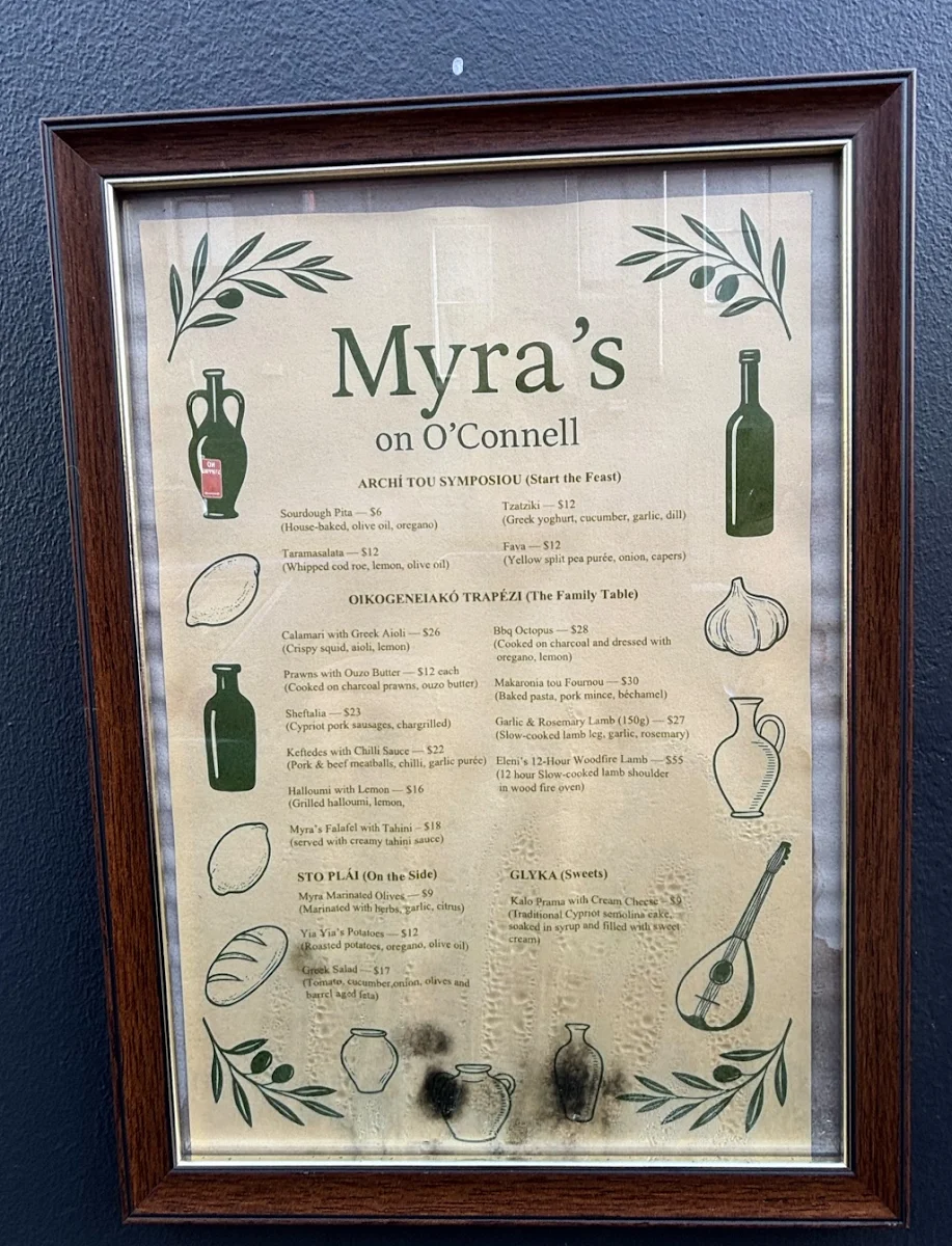 Menu, Myra's Taverna