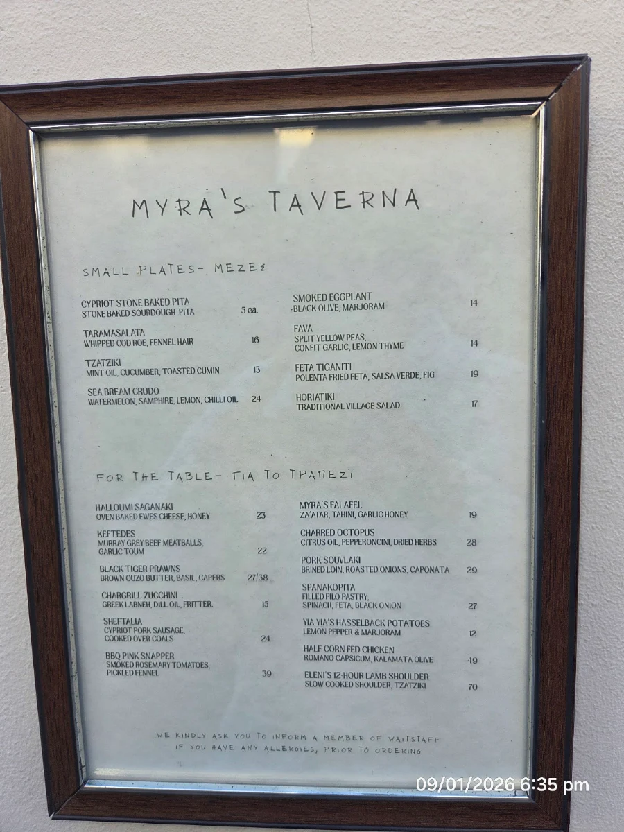 Menu, Myra's Taverna