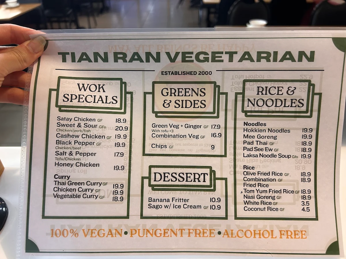 Menu, Tian Ran Vegetarian Restaurant