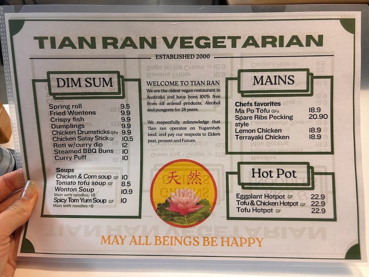 Menu, Tian Ran Vegetarian Restaurant