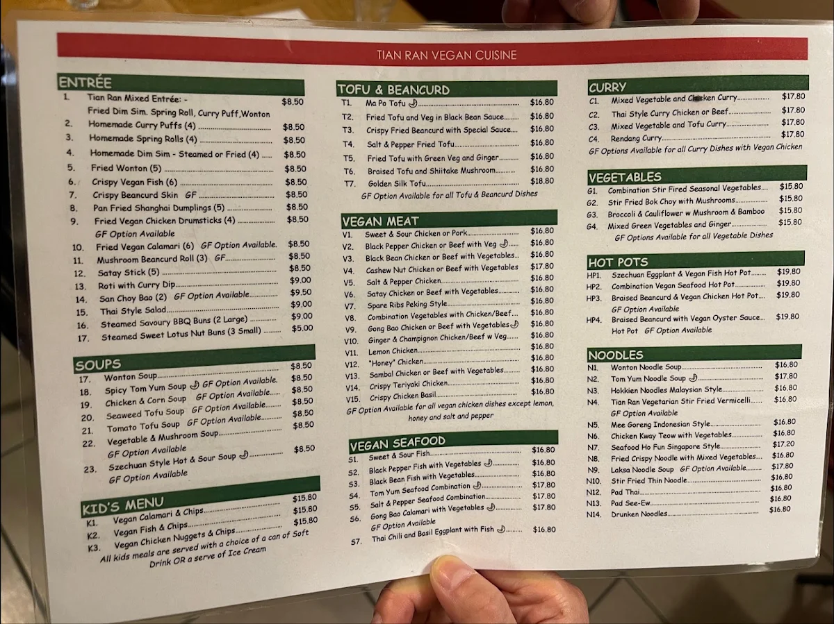 Menu, Tian Ran Vegetarian Restaurant