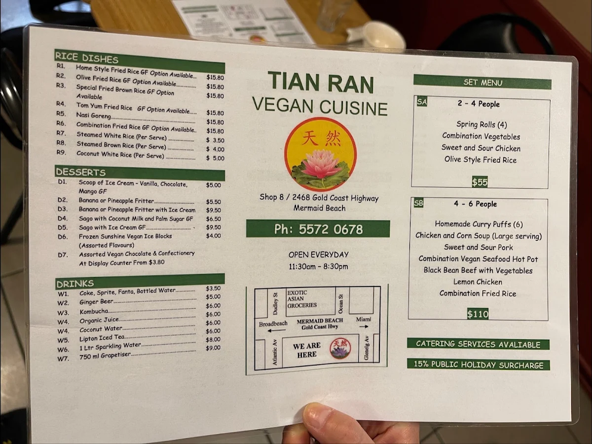 Menu, Tian Ran Vegetarian Restaurant