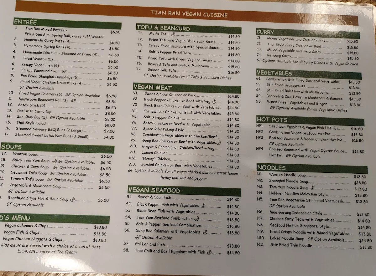 Menu, Tian Ran Vegetarian Restaurant