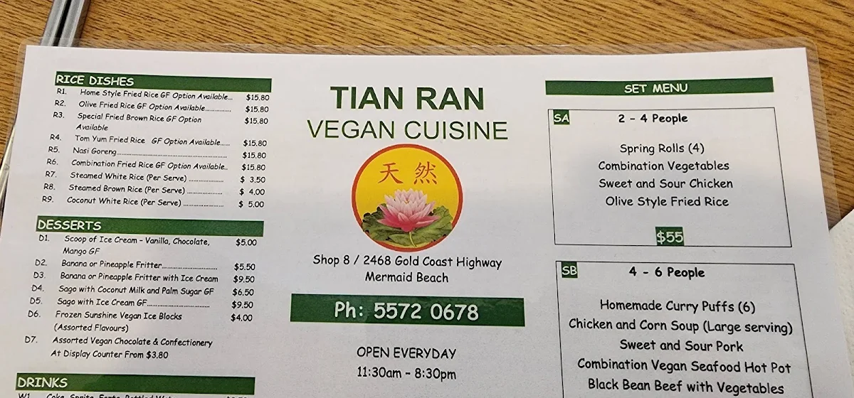 Menu, Tian Ran Vegetarian Restaurant