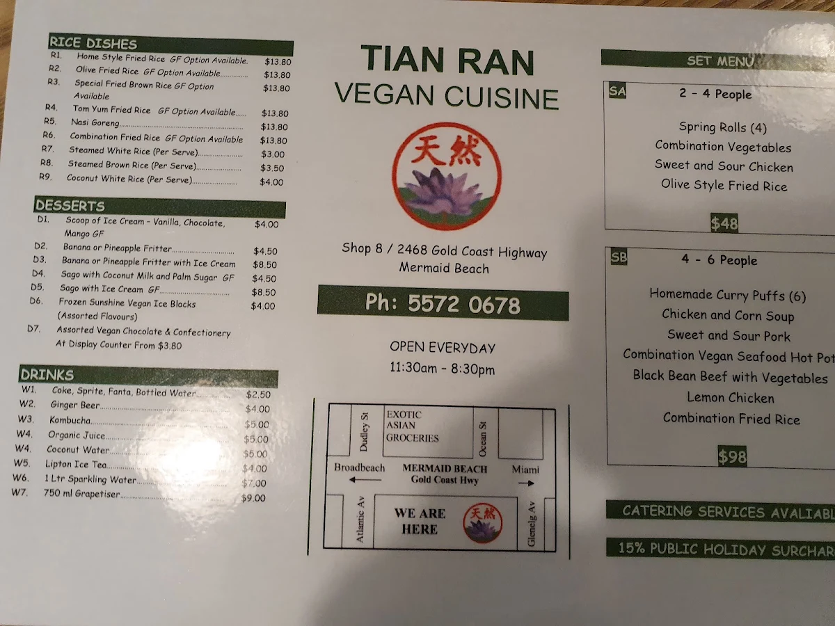 Menu, Tian Ran Vegetarian Restaurant