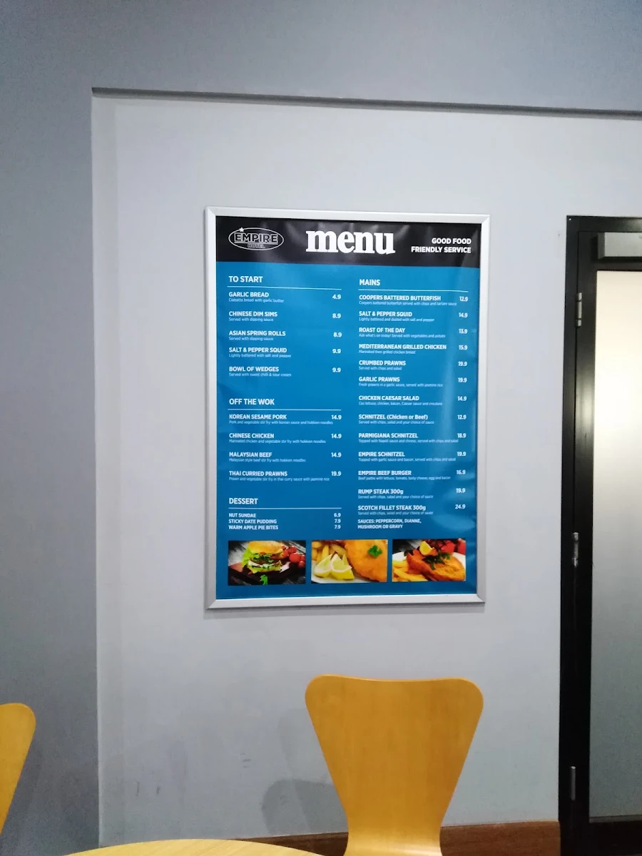 Menu, Empire Hotel