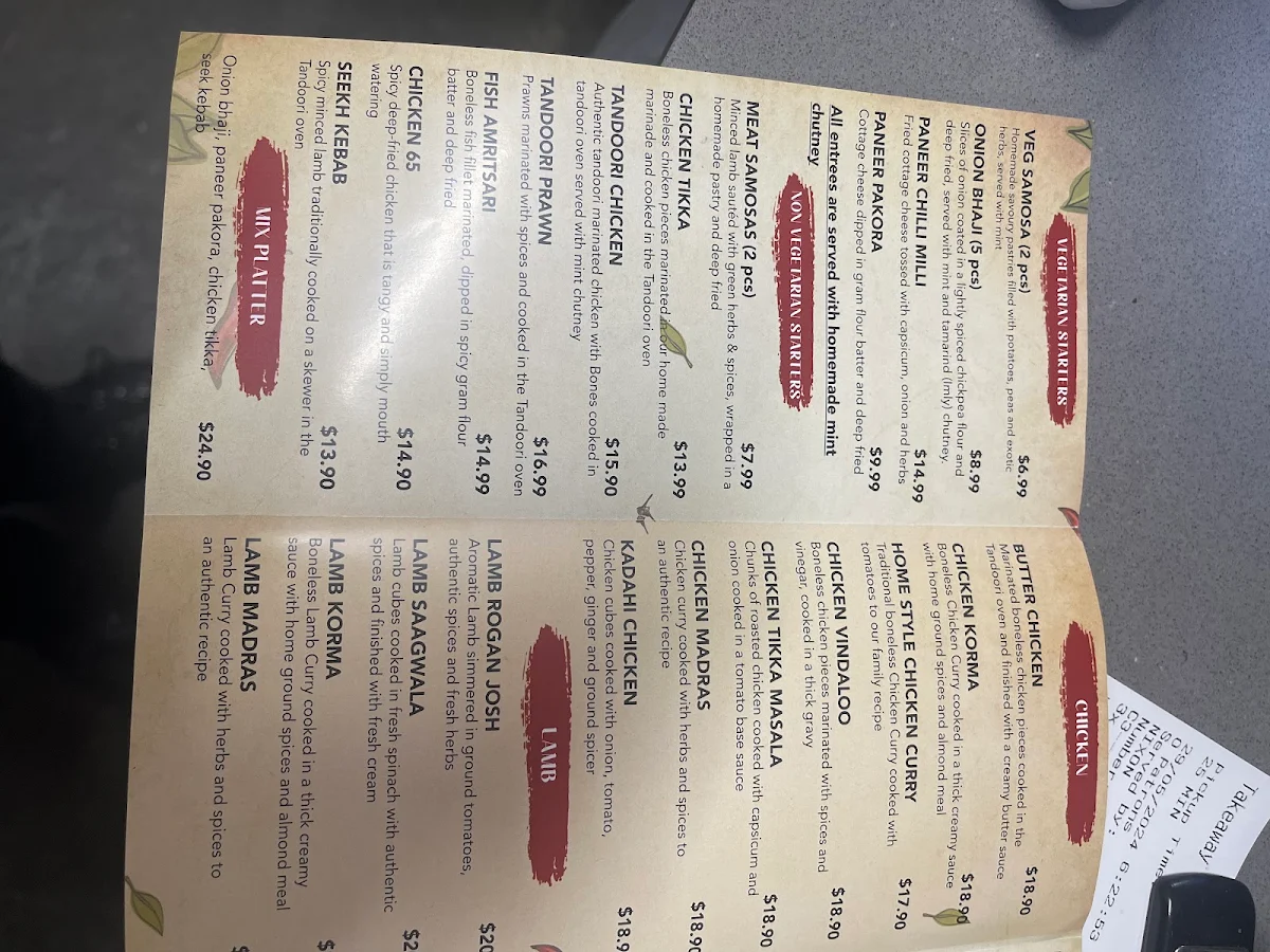 Menu, Indian Curry Tadka