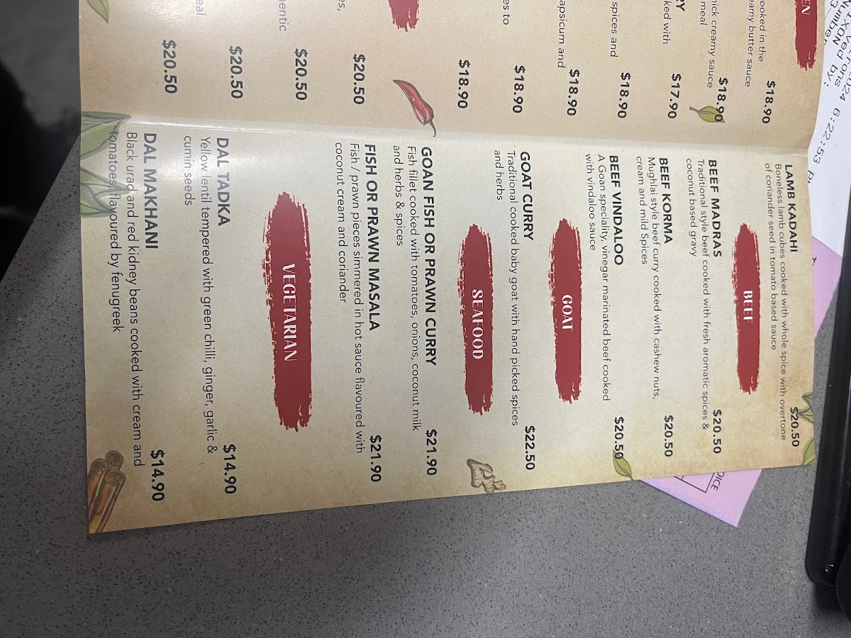 Menu, Indian Curry Tadka