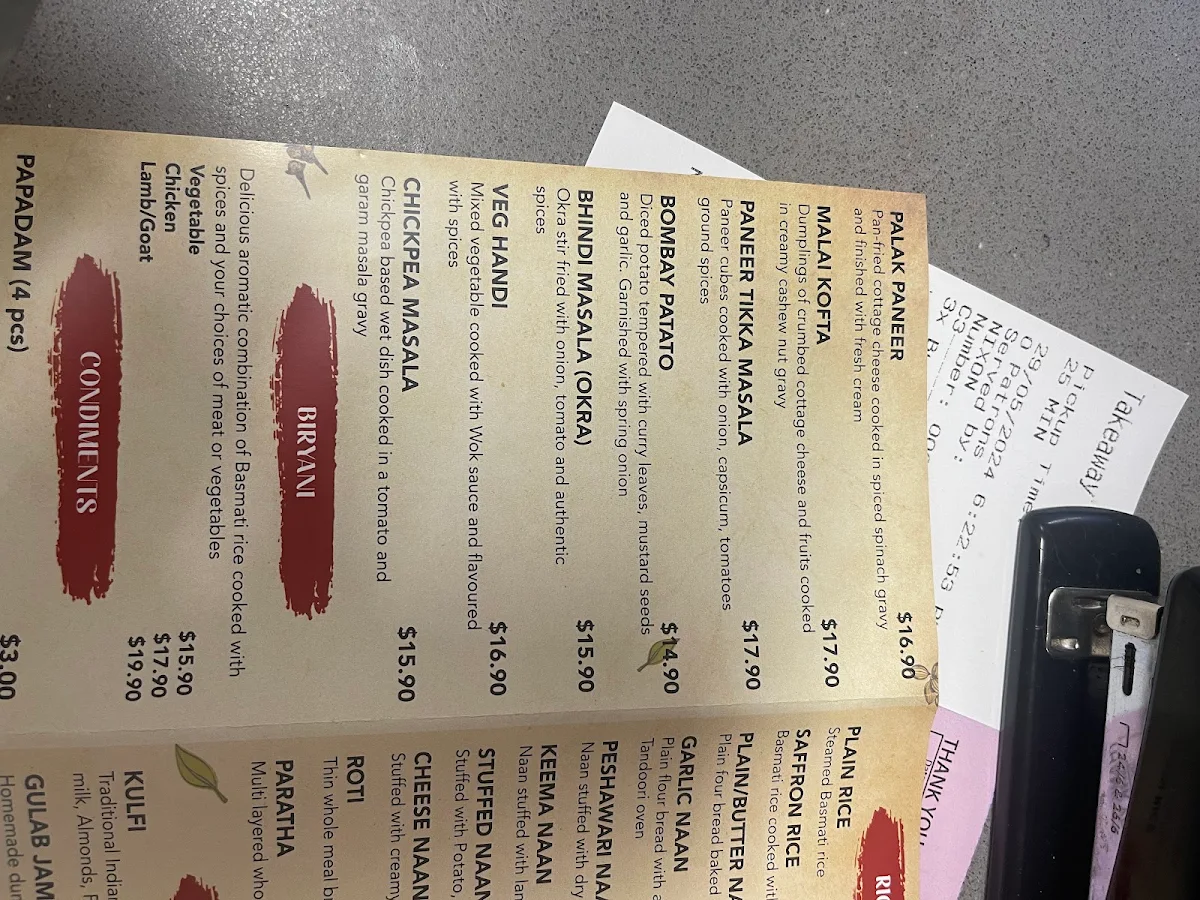 Menu, Indian Curry Tadka