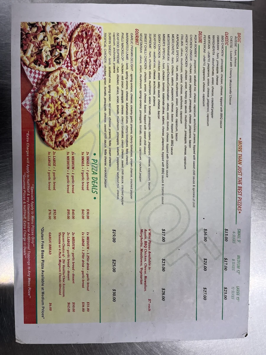 Menu, Kapunda Pizza Bar