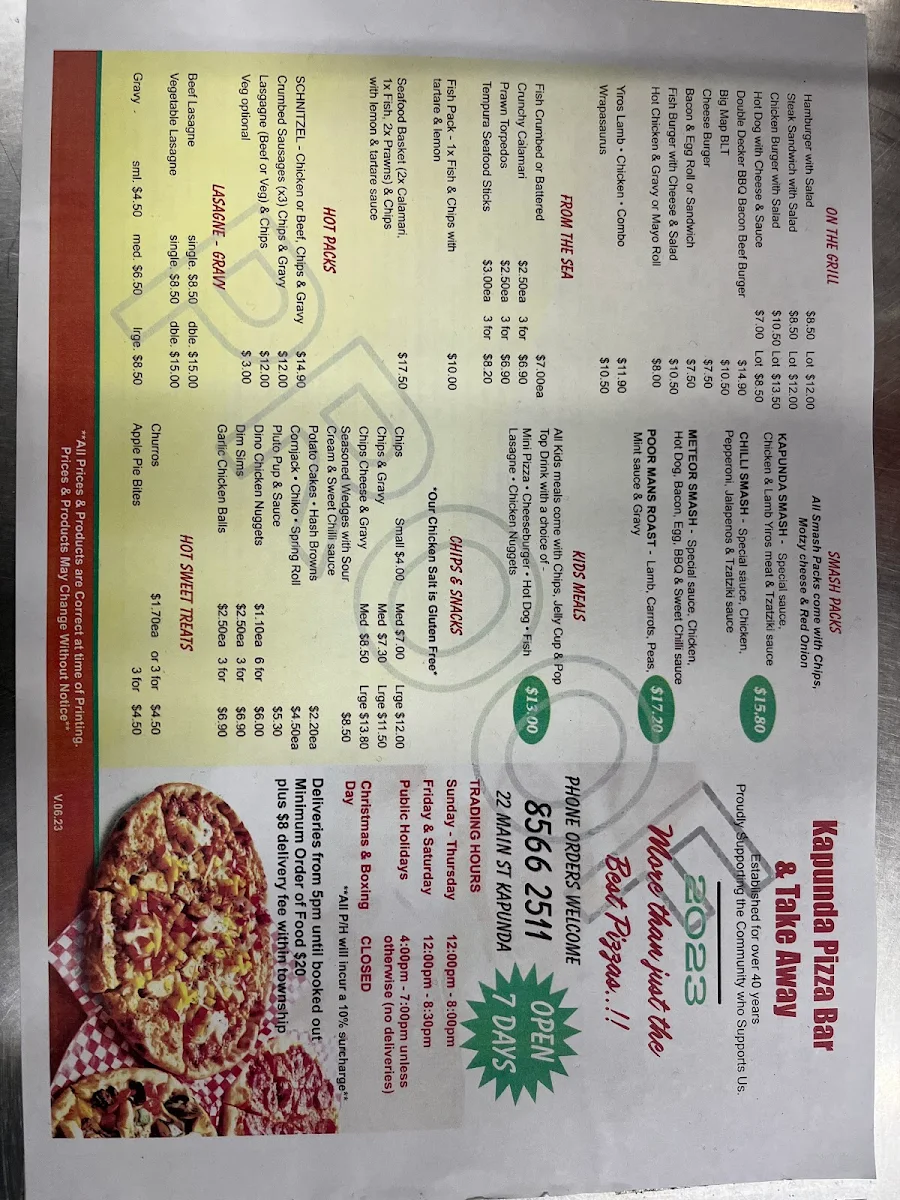 Menu, Kapunda Pizza Bar