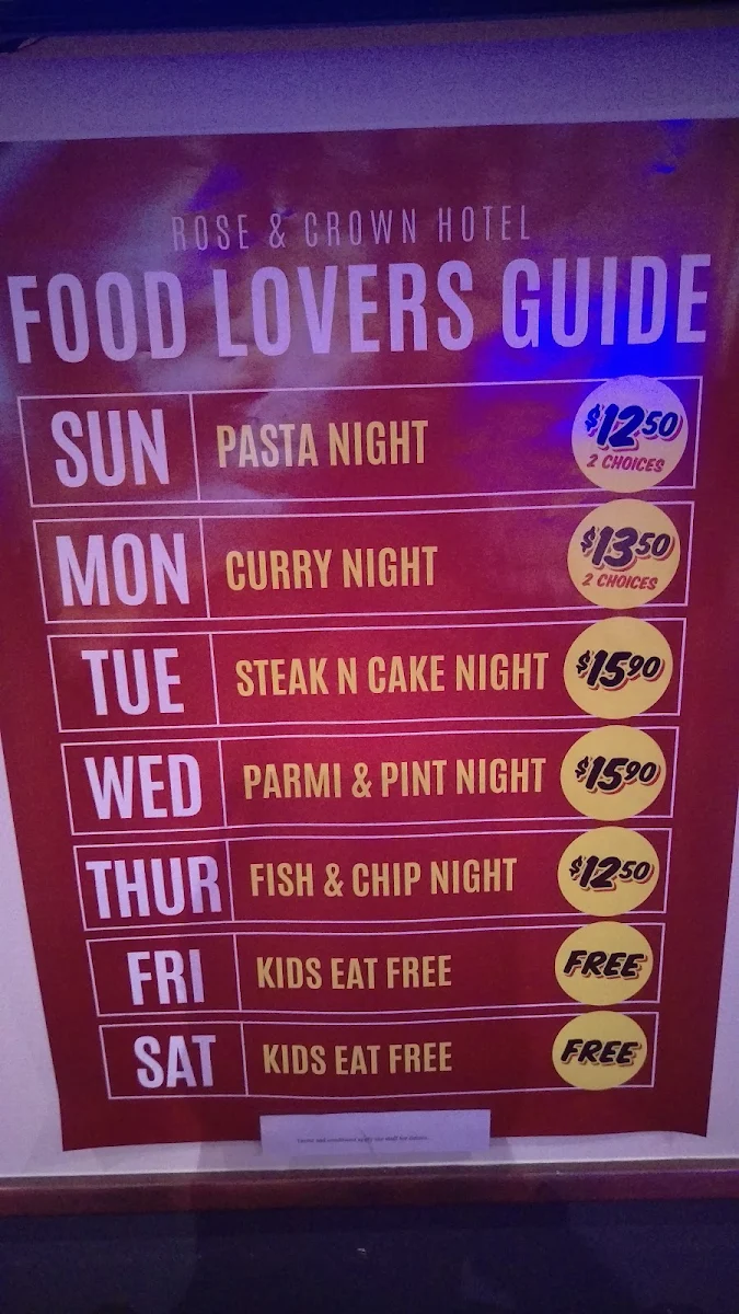 Menu, Rose & Crown Hotel