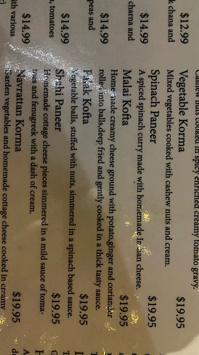 Menu, Shah Jahan Indian Restaurant