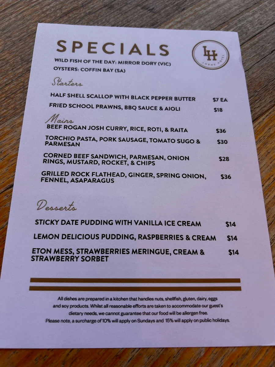 Menu, Lorne Hotel