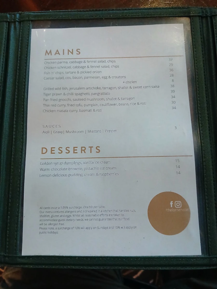 Menu, Lorne Hotel