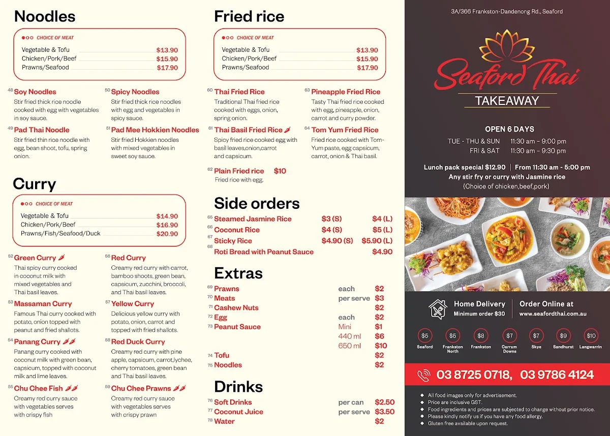 Menu, Seaford Thai Takeaway