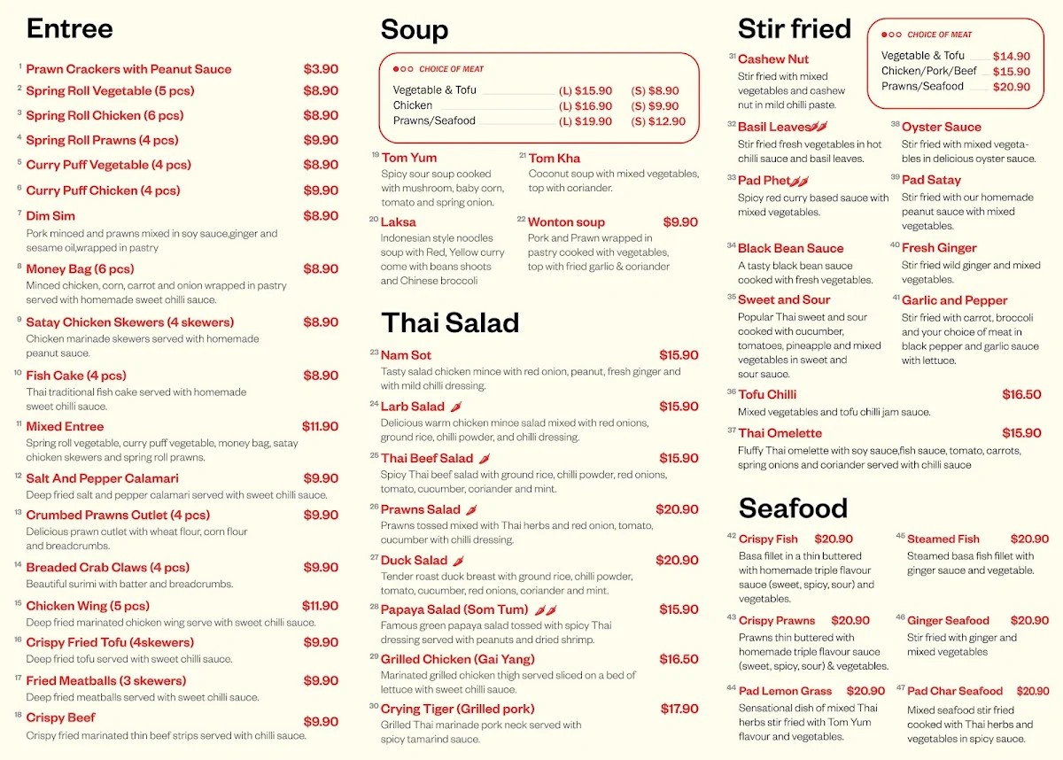 Menu, Seaford Thai Takeaway