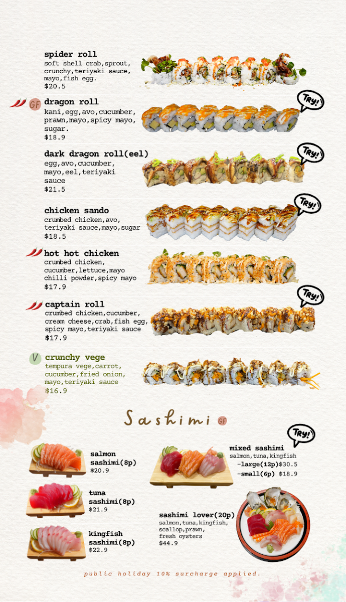 Menu, Sushi bar Caboolture