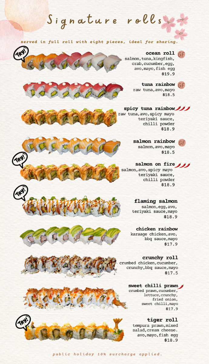 Menu, Sushi bar Caboolture