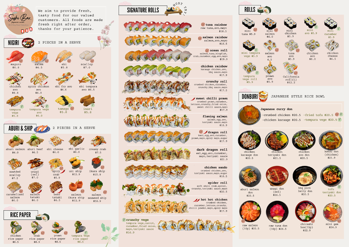 Menu, Sushi bar Caboolture
