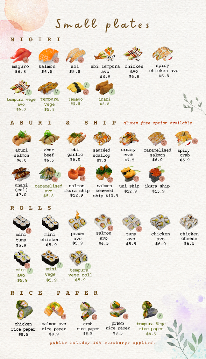 Menu, Sushi bar Caboolture