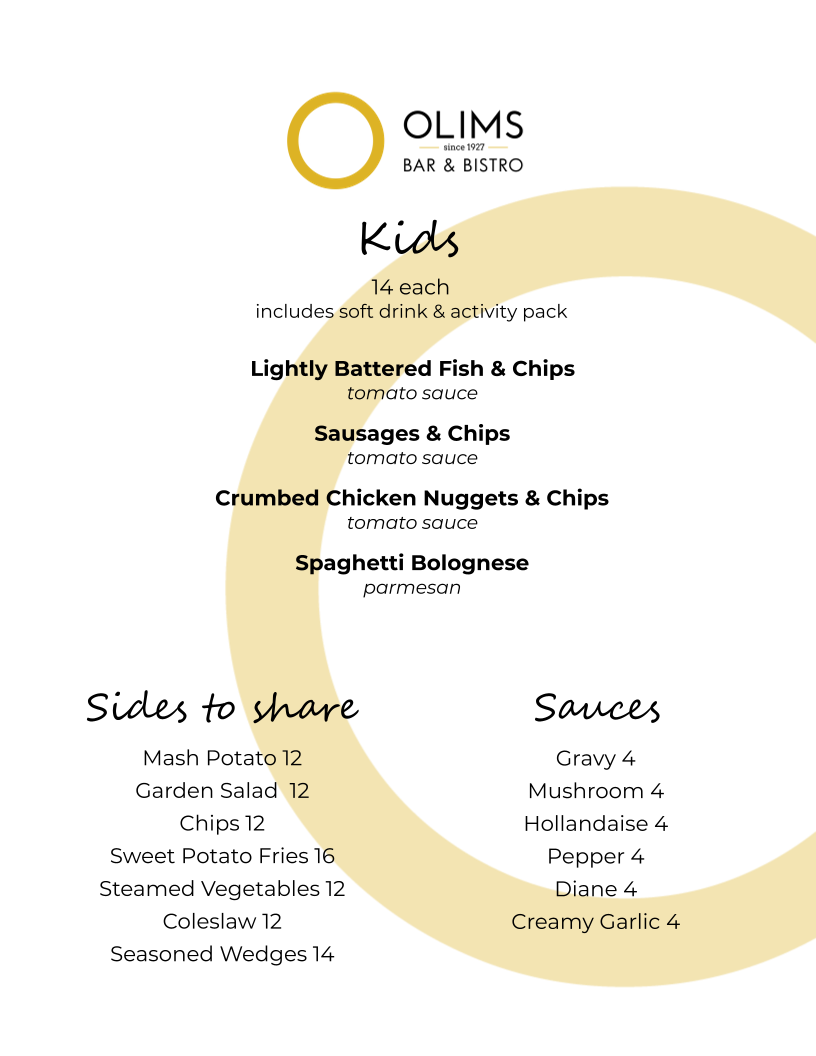 Menu, Olims Bistro