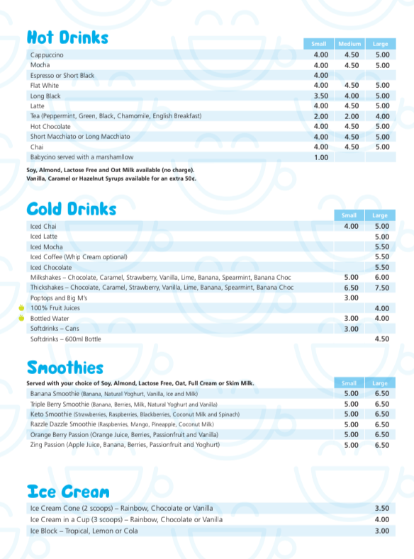 Menu, Little Beans Play Cafe