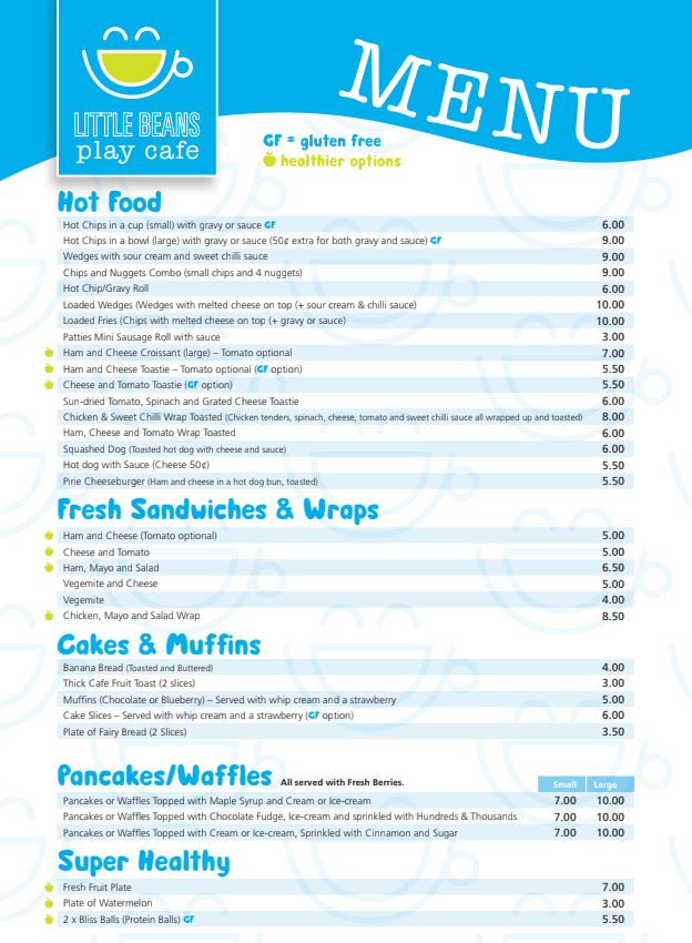 Menu, Little Beans Play Cafe