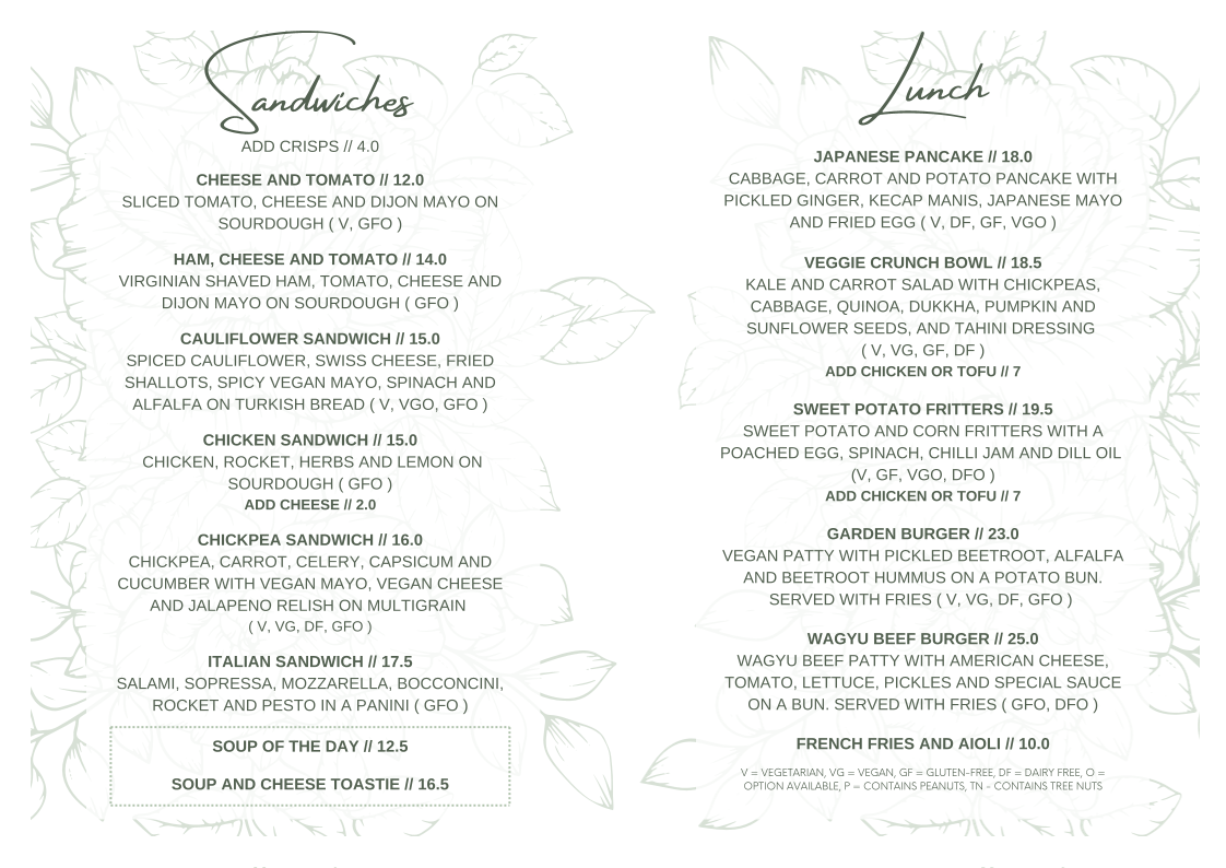 Menu, Monash Club